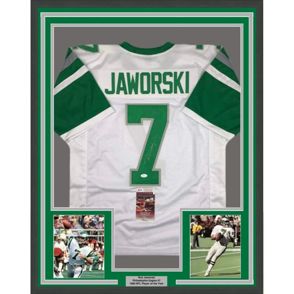Framed Ron Jaworski Eagles jersey #7 with two action shots, perfect for fans
