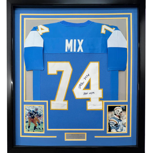 Framed autographed San Diego Chargers Mix 74 football jersey ready to hang