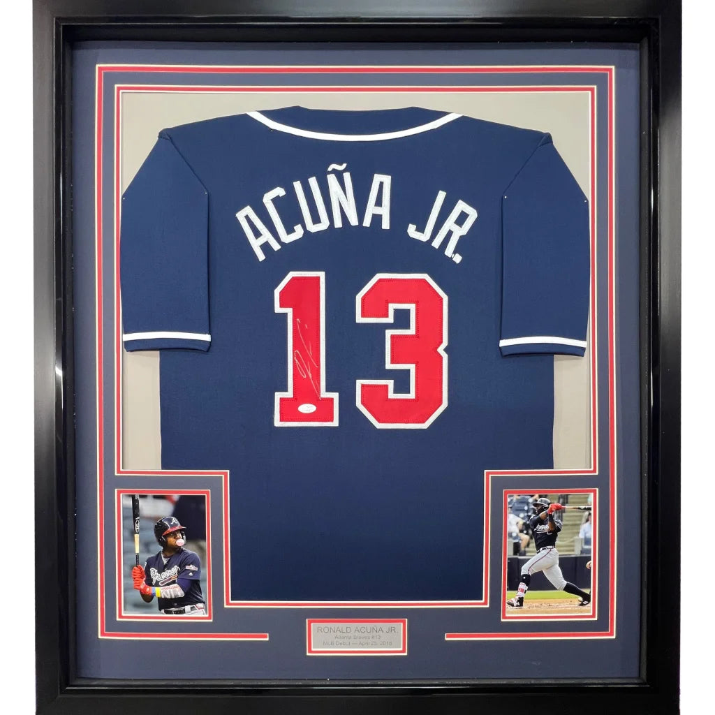 Framed autographed Ronald Acuna Jr. navy blue Atlanta Braves jersey with number 13, JSA COA