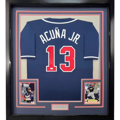 Framed autographed Ronald Acuna Jr. navy blue Atlanta Braves jersey with number 13, JSA COA