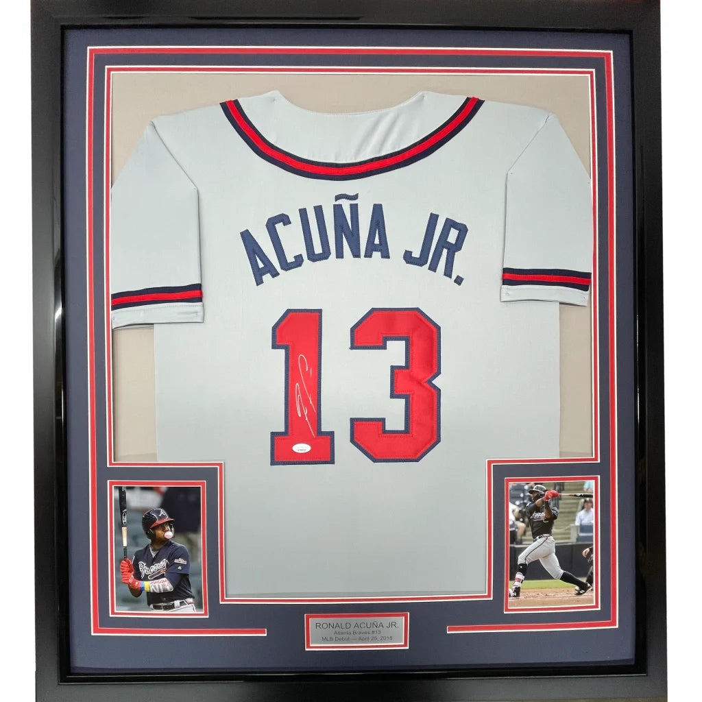 Framed signed Ronald Acuna Jr. Atlanta grey baseball jersey with JSA COA