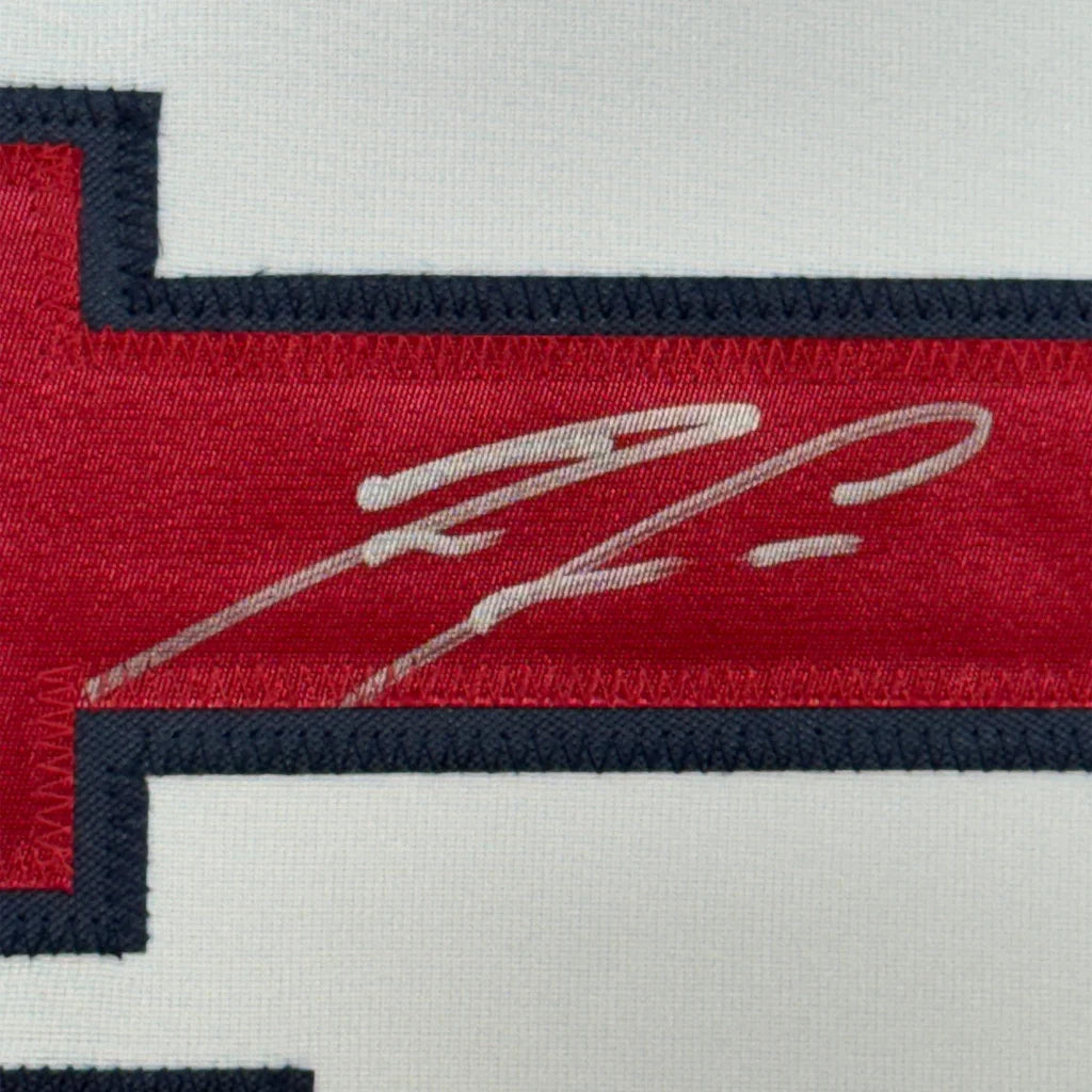 Framed Autographed Ronald Acuna Jr. 35x39 Atlanta White Baseball Jersey JSA COA | Certified Authentic Signed Memorabilia | vintageantiquesgifts.com