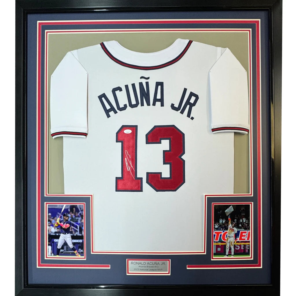 Framed Autographed Ronald Acuna Jr. 35x39 Atlanta White Baseball Jersey JSA COA | Hall of Fame Sports Memorabilia | vintageantiquesgifts.com