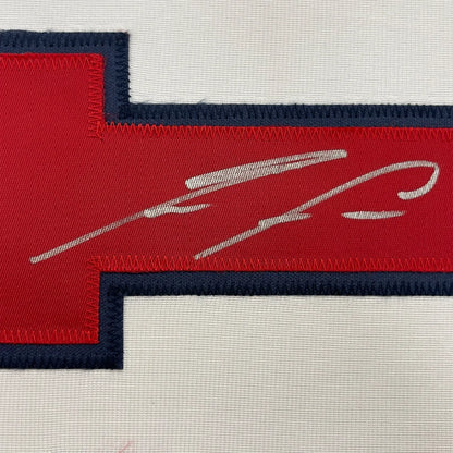 Red fabric patch with white autograph on Ronald Acuña Jr Signed Jersey Display