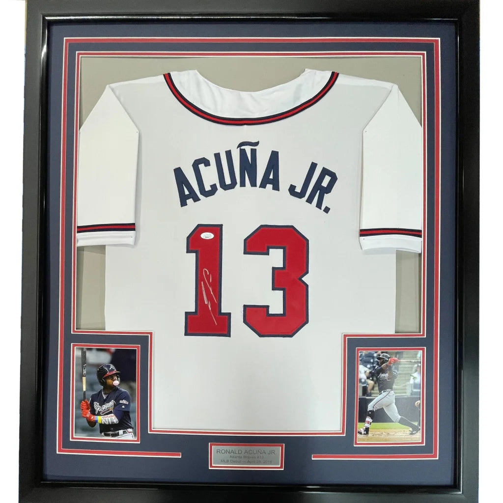 Framed Ronald Acuña Jr signed jersey with photos and info plaque for display