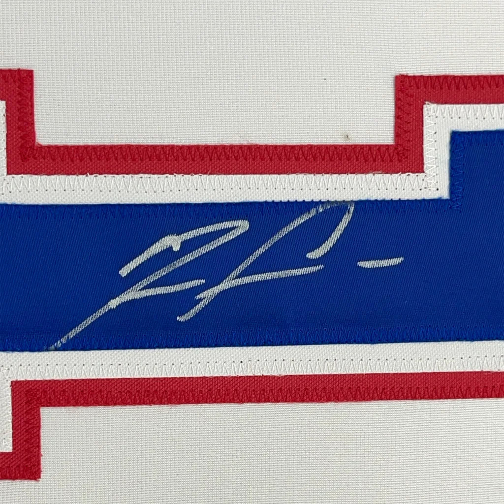 Framed Autographed Ronald Acuna Jr. 35x39 Atlanta White Retro Baseball Jersey Beckett BAS COA | Certified Authentic Signed Memorabilia | vintageantiquesgifts.com