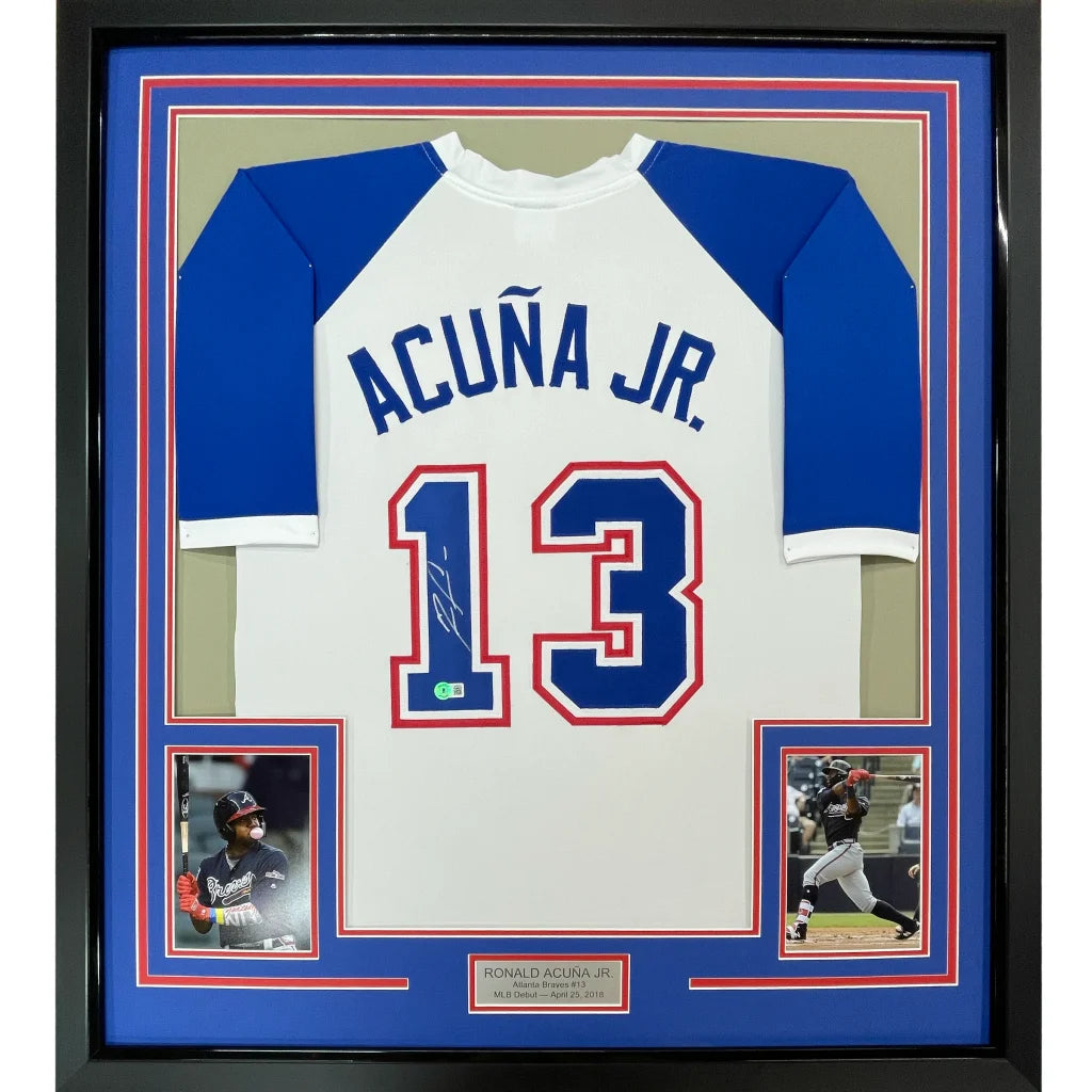 Framed Autographed Ronald Acuna Jr. 35x39 Atlanta White Retro Baseball Jersey Beckett BAS COA | Hall of Fame Sports Memorabilia | vintageantiquesgifts.com