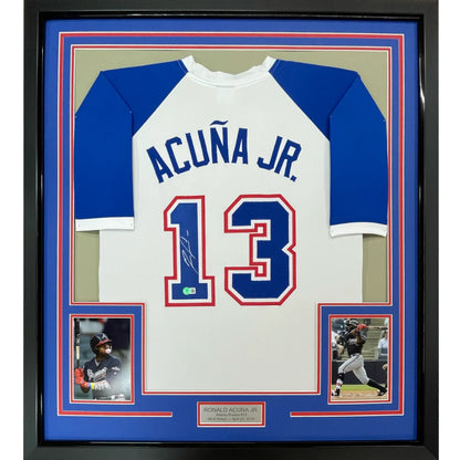 Framed Autographed Ronald Acuna Jr. 35x39 Atlanta White Retro Baseball Jersey Beckett BAS COA | Hall of Fame Sports Memorabilia | vintageantiquesgifts.com
