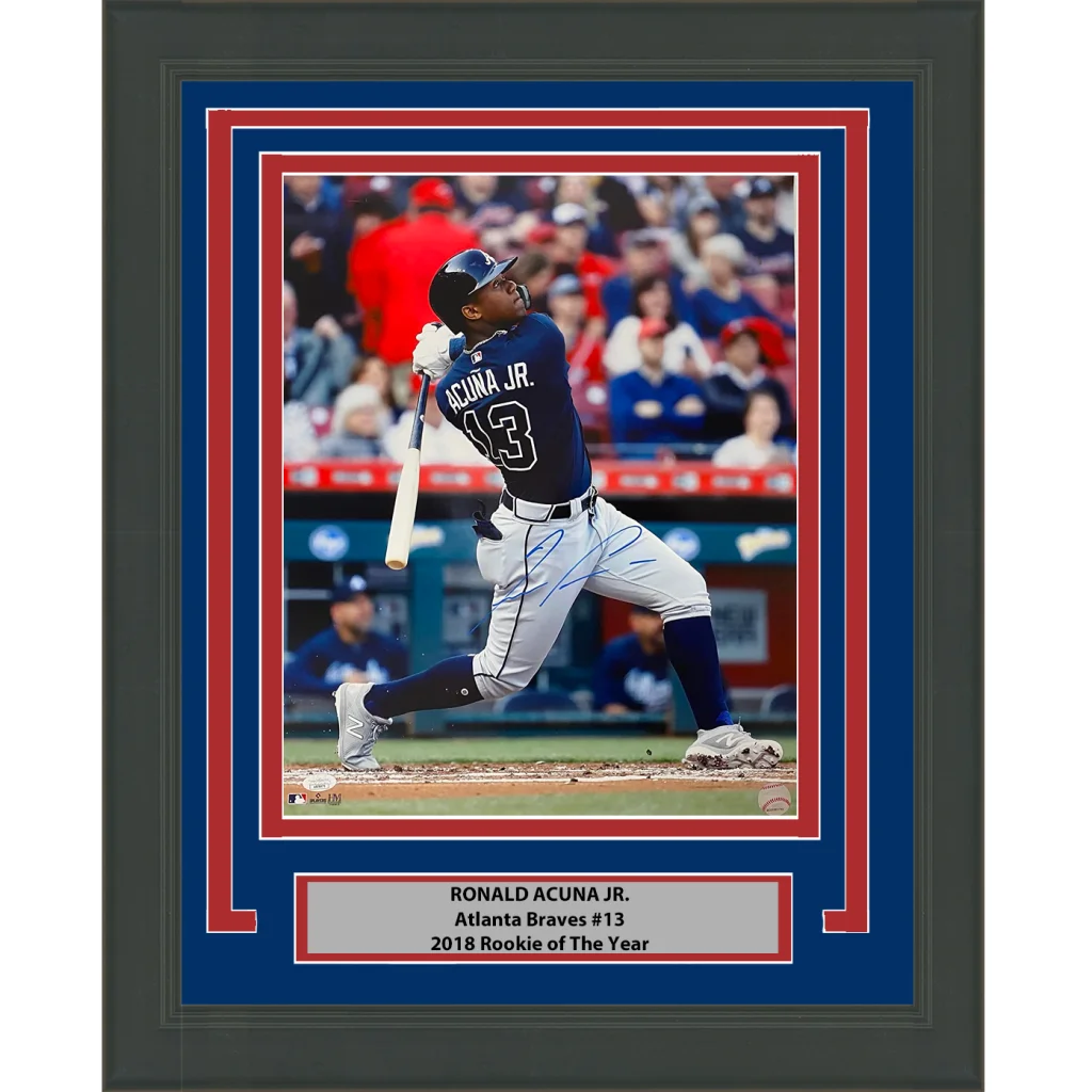Framed signed Ronald Acuña Jr. baseball photo with plaque ready to hang on your wall