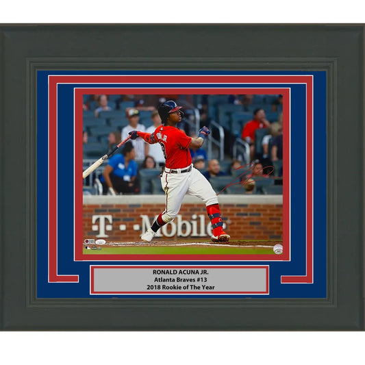 Framed Ronald Acuña Jr. baseball action shot collectible in uniform mid-swing
