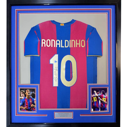 Framed signed Ronaldinho Barcelona jersey with gold 10, Beckett COA