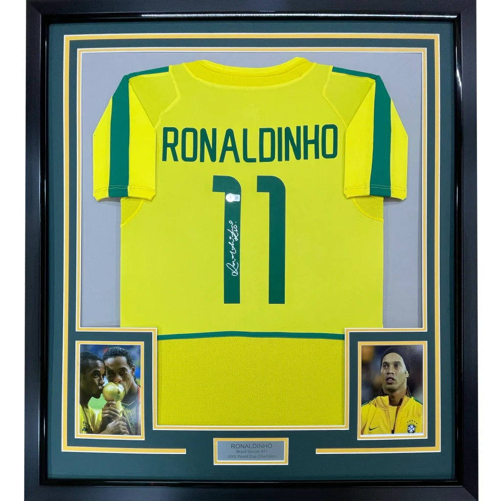 Framed autographed Ronaldinho Brazil yellow jersey, 35x39, BAS COA