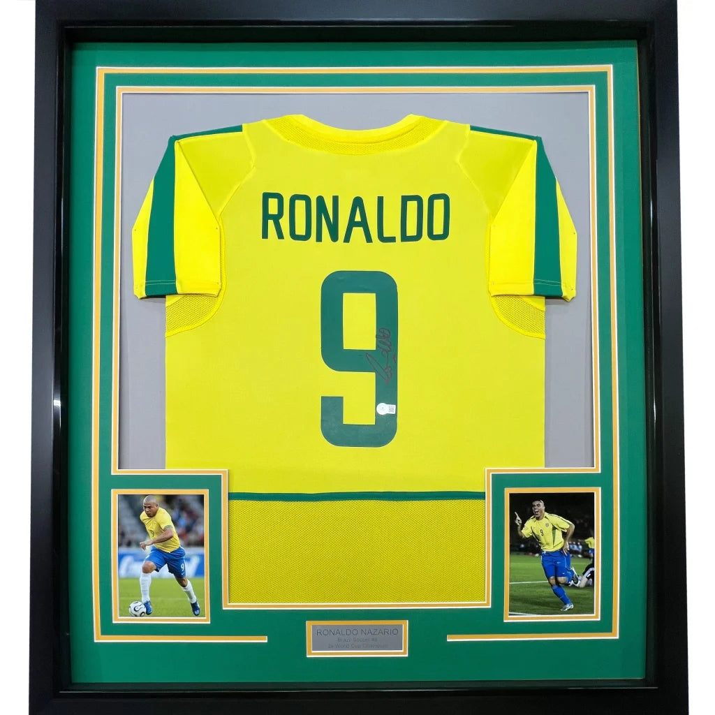 Framed Autographed Ronaldo Nazario 35x39 Brazil Yellow Soccer Jersey Beckett BAS COA | Hall of Fame Sports Memorabilia | vintageantiquesgifts.com