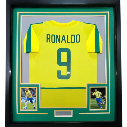 Framed Autographed Ronaldo Nazario 35x39 Brazil Yellow Soccer Jersey Beckett BAS COA | Hall of Fame Sports Memorabilia | vintageantiquesgifts.com