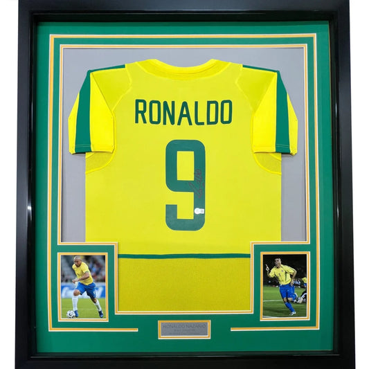 Framed Autographed Ronaldo Nazario 35x39 Brazil Yellow Soccer Jersey Beckett BAS COA | Hall of Fame Sports Memorabilia | vintageantiquesgifts.com