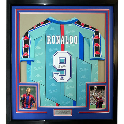Framed light blue Ronaldo Nazario autographed FC Barcelona 1996-97 jersey with number 9