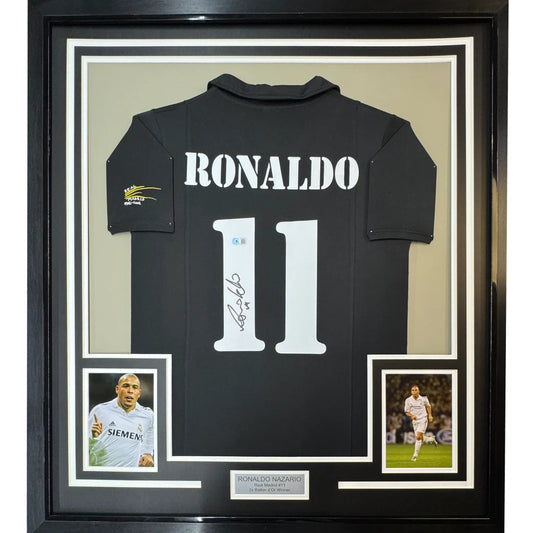 Framed Autographed Ronaldo Nazario 35x39 Real Madrid Black Soccer Jersey Beckett BAS COA | Hall of Fame Sports Memorabilia | vintageantiquesgifts.com