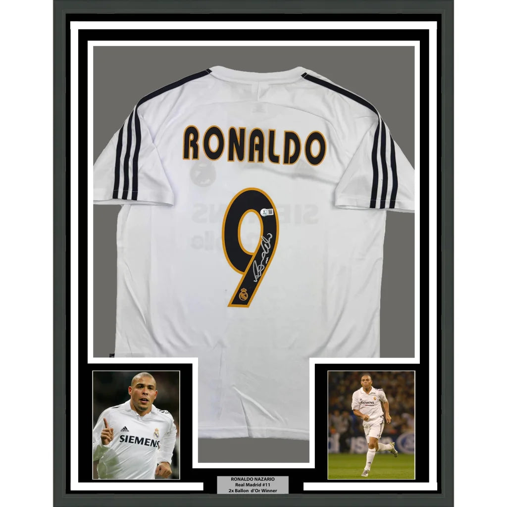 Framed autographed Ronaldo Nazario Real Madrid white jersey back with number 9