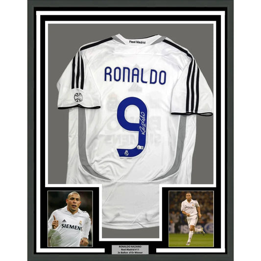 Framed Autographed Ronaldo Nazario 35x39 Real Madrid White Soccer Jersey Beckett BAS COA | Hall of Fame Sports Memorabilia | vintageantiquesgifts.com