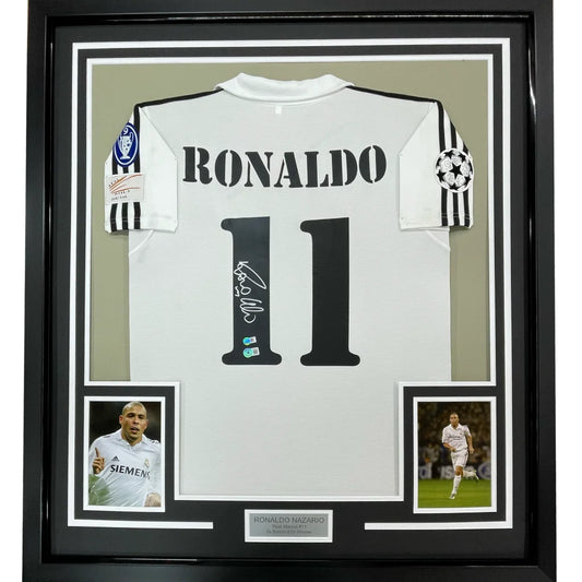 Framed Ronaldo Nazario Real Madrid jersey with autograph and two photos for man cave display