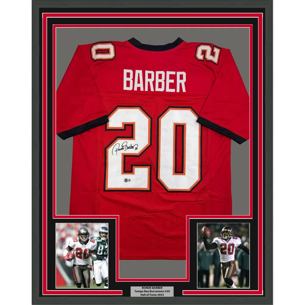 Framed Autographed Ronde Barber 35x39 Tampa Bay Red Football Jersey Beckett BAS COA | Hall of Fame Sports Memorabilia | vintageantiquesgifts.com