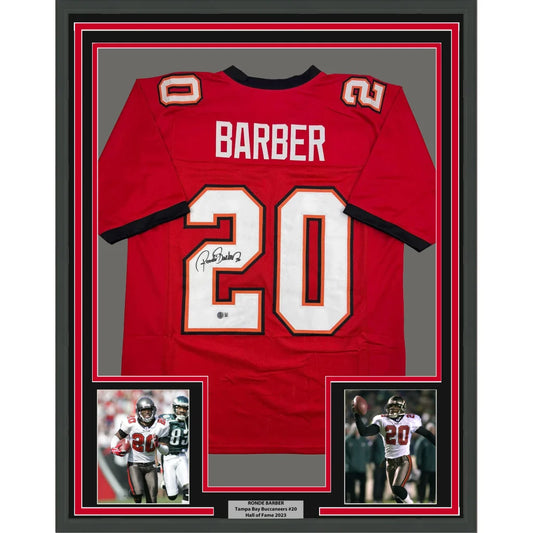 Framed Autographed Ronde Barber 35x39 Tampa Bay Red Football Jersey Beckett BAS COA | Hall of Fame Sports Memorabilia | vintageantiquesgifts.com