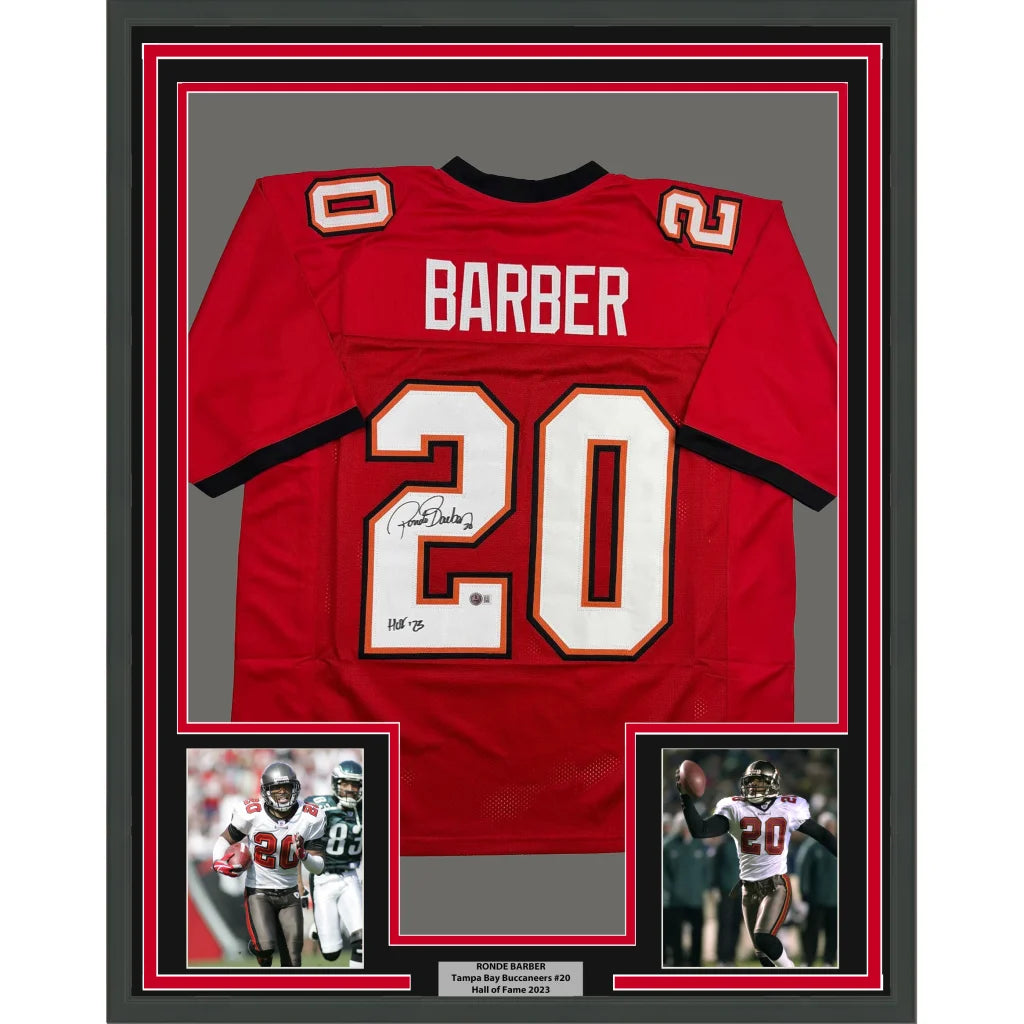 Framed Autographed Ronde Barber HOF 23 35x39 Tampa Bay Red Football Jersey Beckett BAS COA | Hall of Fame Sports Memorabilia | vintageantiquesgifts.com