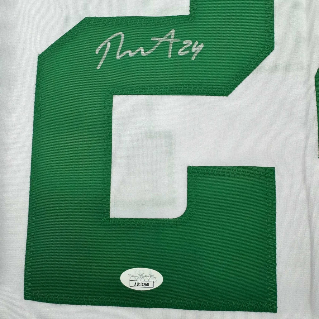 Green and white Dallas white hockey jersey with signature, authentication sticker, professionally framed
