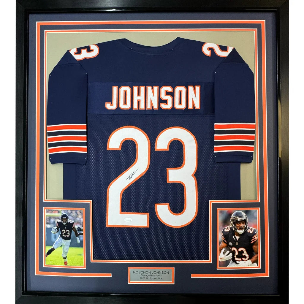 Professionally framed Roquan Johnson Bears jersey collectible with player photos and nameplate