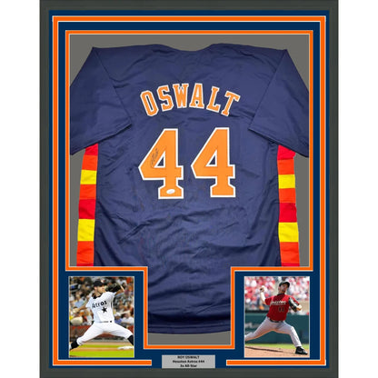 Framed signed Roy Oswalt Houston Astros jersey with two player photos ready to display