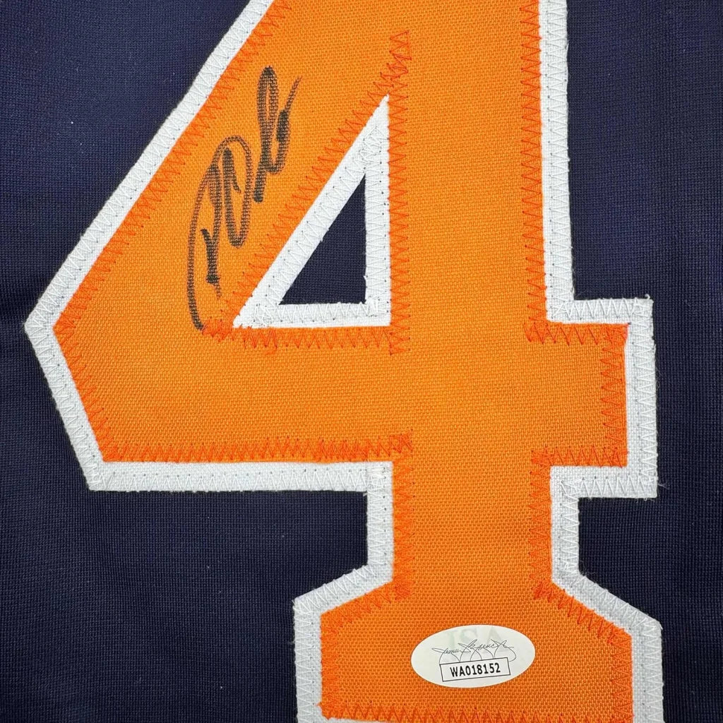 Signed Blue Roy Oswalt Astros jersey with orange 4, authenticated and ready to display