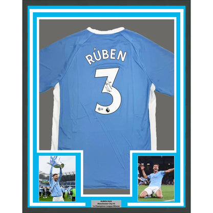 Framed Autographed Ruben Dias 35x39 Manchester City Blue Soccer Futbol Jersey Beckett BAS COA #2 | Hall of Fame Sports Memorabilia | vintageantiquesgifts.com