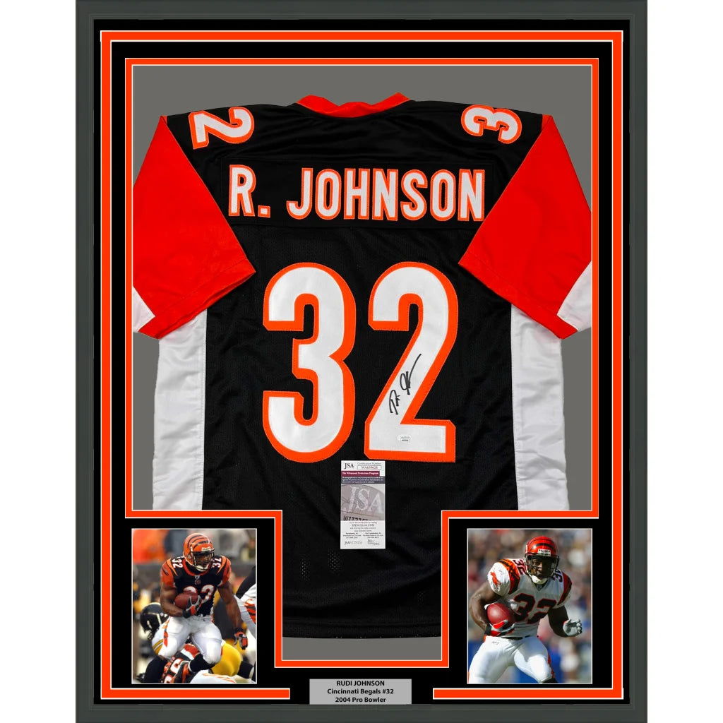 Framed Autographed Rudi Johnson 35x39 Cincinnati Black Football Jersey JSA COA | Hall of Fame Sports Memorabilia | vintageantiquesgifts.com