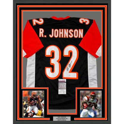 Framed Autographed Rudi Johnson 35x39 Cincinnati Black Football Jersey JSA COA | Hall of Fame Sports Memorabilia | vintageantiquesgifts.com