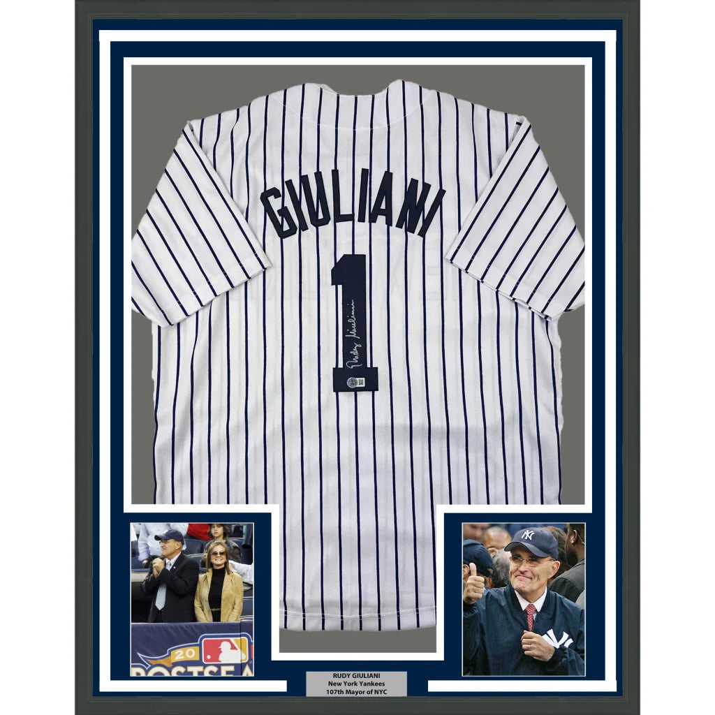 Framed Autographed Rudy Giuliani 35x39 New York Pinstripe Baseball Jersey Beckett BAS COA | Hall of Fame Sports Memorabilia | vintageantiquesgifts.com