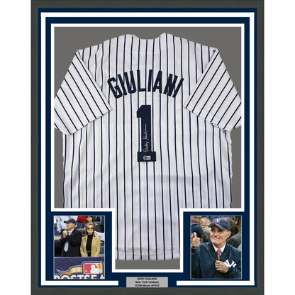 Framed Autographed Rudy Giuliani 35x39 New York Pinstripe Baseball Jersey Beckett BAS COA | Hall of Fame Sports Memorabilia | vintageantiquesgifts.com
