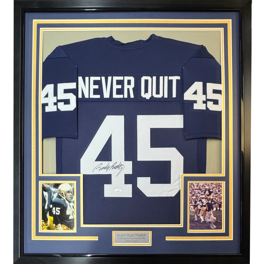 Framed Autographed Rudy Ruettiger 35x39 Never Quit Notre Dame Blue College Football Jersey JSA COA | Hall of Fame Sports Memorabilia | vintageantiquesgifts.com