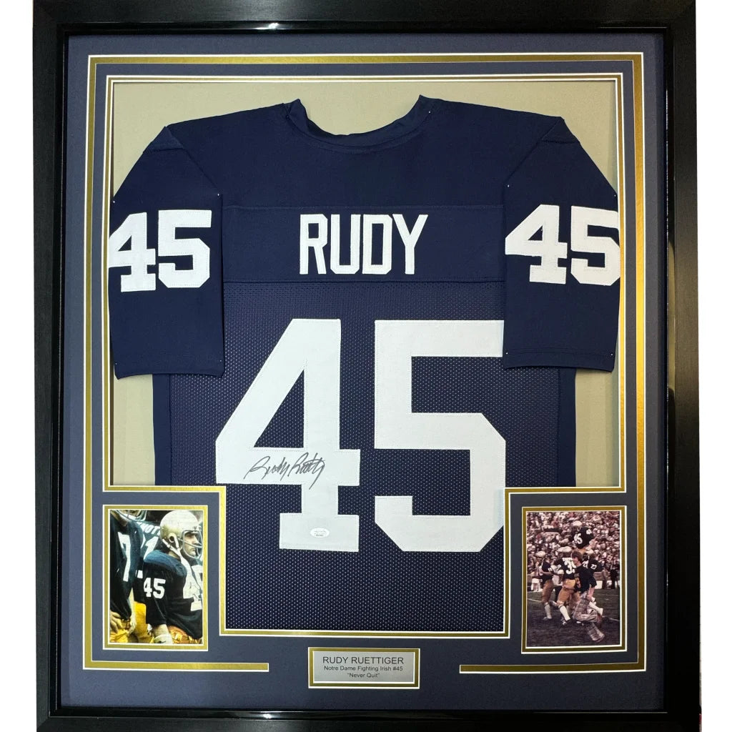 Professionally framed man cave jersey with 5x7 photos and autographed memorabilia