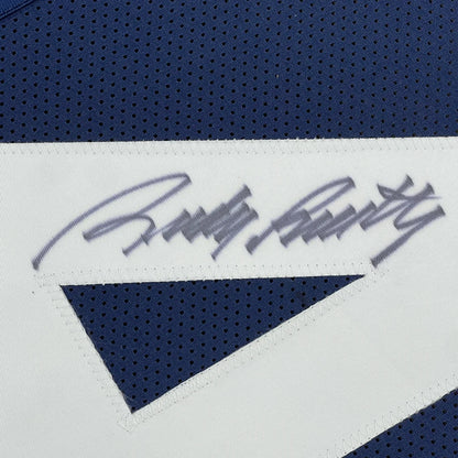 Framed Autographed Rudy Ruettiger 35x39 Notre Dame Blue College Football Jersey JSA COA | Certified Authentic Signed Memorabilia | vintageantiquesgifts.com