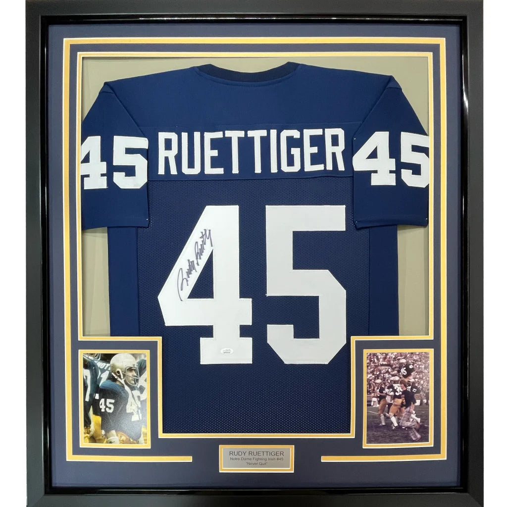 Framed Autographed Rudy Ruettiger 35x39 Notre Dame Blue College Football Jersey JSA COA | Hall of Fame Sports Memorabilia | vintageantiquesgifts.com