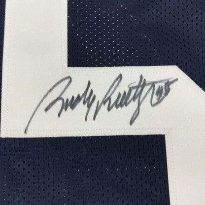 Framed autographed Rudy Ruettiger Notre Dame navy blue mesh jersey JSA COA