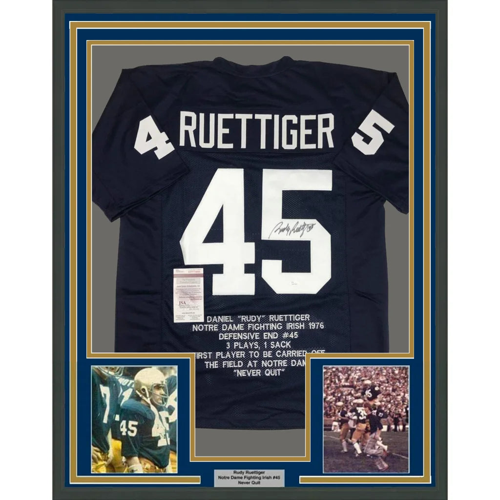 Back of framed autographed Rudy Ruettiger Notre Dame blue jersey with Ruettinger 45