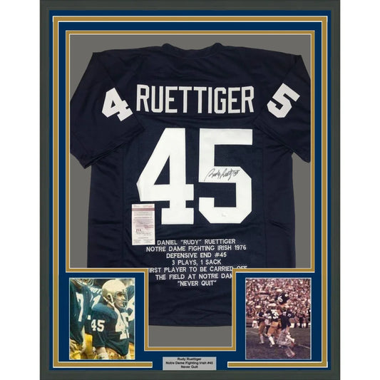 Framed Autographed Rudy Ruettiger 35x39 Notre Dame Blue Stat College Football Jersey JSA COA | Hall of Fame Sports Memorabilia | vintageantiquesgifts.com