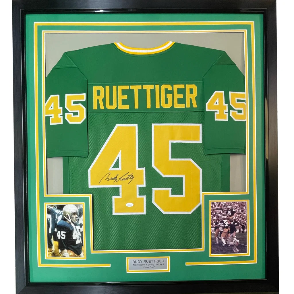 Professionally framed Notre Dame Rudy Ruettiger signed football jersey with autographs and photos