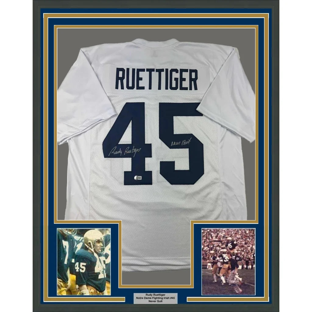 Framed Autographed Rudy Ruettiger 35x39 Notre Dame White College Football Jersey JSA COA | Hall of Fame Sports Memorabilia | vintageantiquesgifts.com