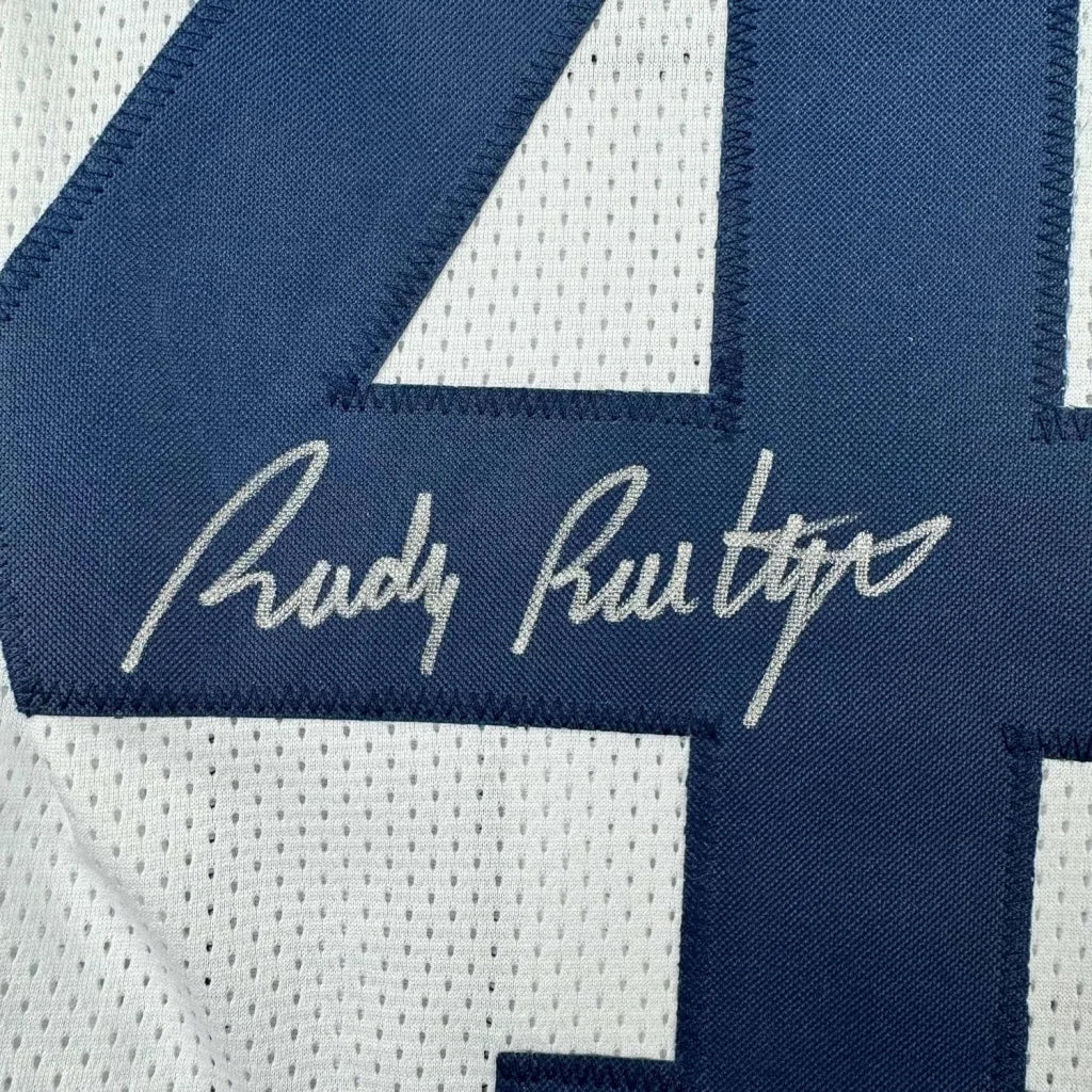 Framed Autographed Rudy Ruettiger 35x39 Notre Dame White College Football Jersey JSA COA | Certified Authentic Signed Memorabilia | vintageantiquesgifts.com