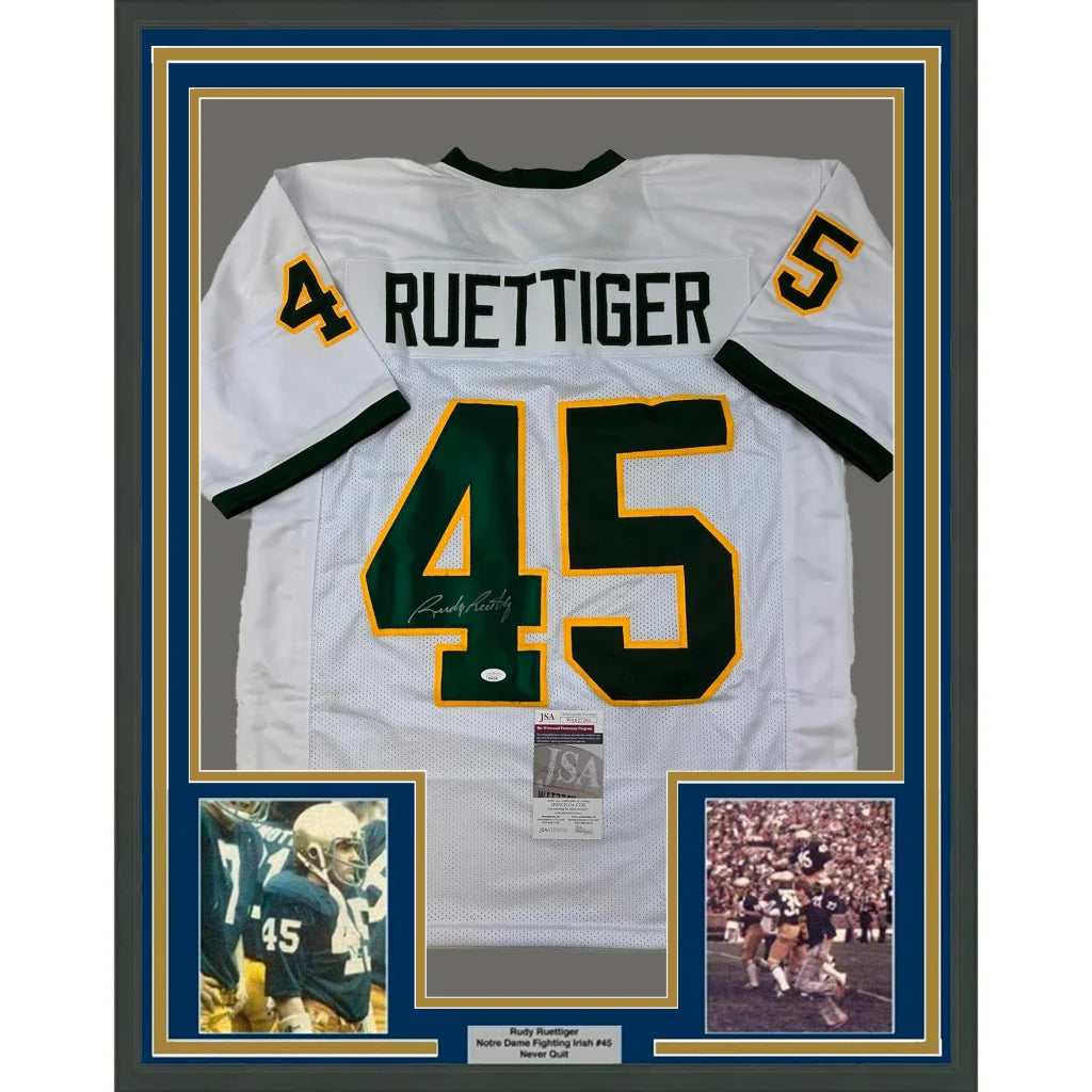 Framed Autographed Rudy Ruettiger 35x39 Notre Dame White/Green College Football Jersey JSA COA | Hall of Fame Sports Memorabilia | vintageantiquesgifts.com