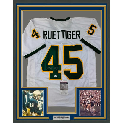 Framed Autographed Rudy Ruettiger 35x39 Notre Dame White/Green College Football Jersey JSA COA | Hall of Fame Sports Memorabilia | vintageantiquesgifts.com