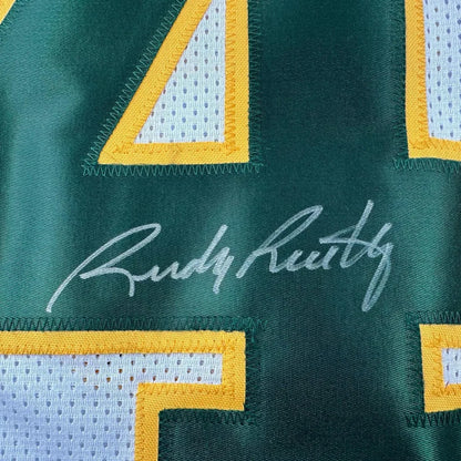 Framed Autographed Rudy Ruettiger 35x39 Notre Dame White/Green College Football Jersey JSA COA | Certified Authentic Signed Memorabilia | vintageantiquesgifts.com