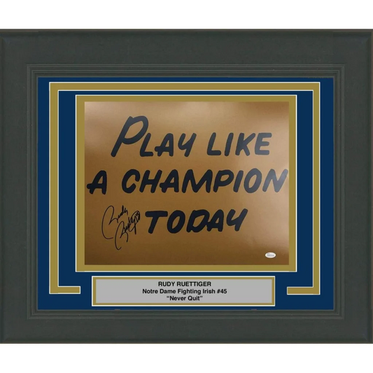 Framed Notre Dame Fighting Irish Never Quit memorabilia with Play Like a Champion Today sign